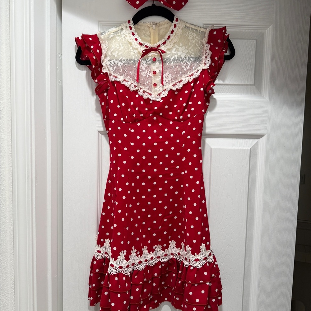 Lacemade Nini Fairy Tale House Red Polka Dot Dress with Lace Trim Size Small - Picture 4 of 7